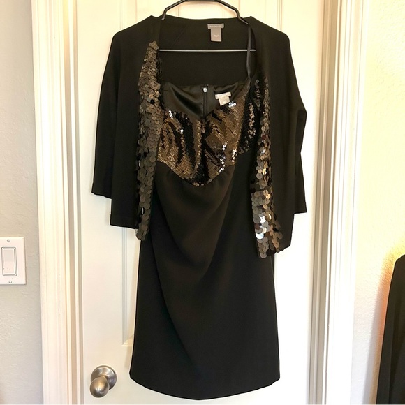 Ann Taylor Little black sequin strapless dress with coordinating sequin cardigan - Picture 1 of 7